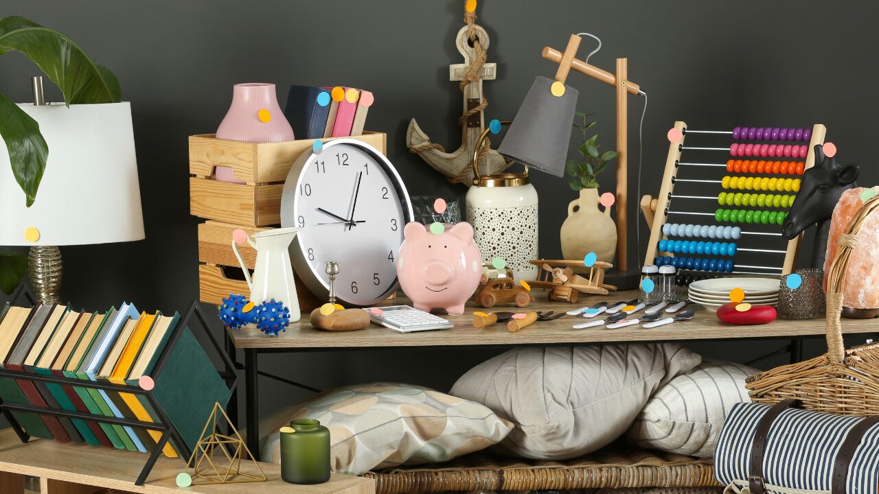 Many Different Items near Grey Wall